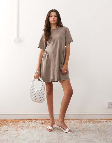 Noisy May jersey drop waist mini dress with full skirt in washed beige - view 1