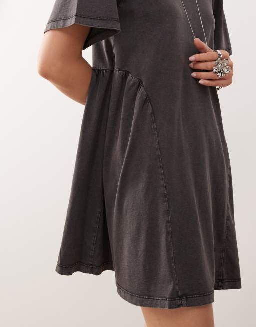 Noisy May jersey drop waist with full skirt mini dress in washed gray , 3 of 4