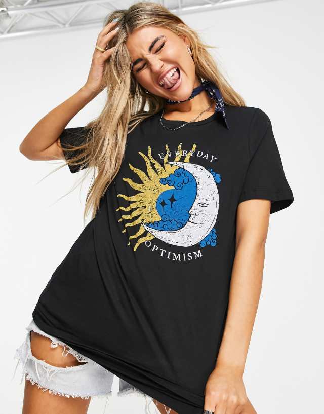 Noisy May jersey short sleeve t-shirt dress with astrology graphic print in black