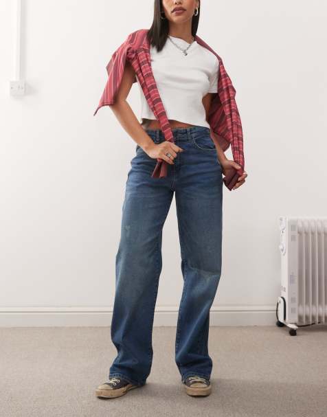 Noisy May – Josie – Weit geschnittene Jeans in Mittelblau mit hohem Bund und abgenutzter Optik, Kombiteil - view 1