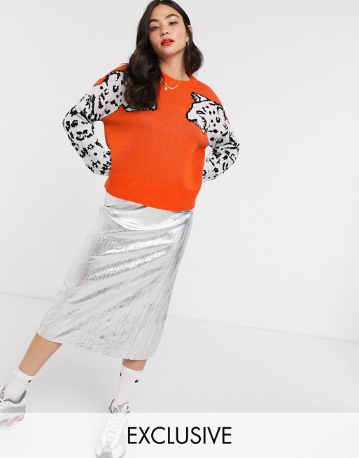 Noisy May jumper with leopard sleeves in orange