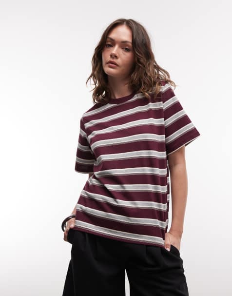 Noisy May – Kastiges Oversize-T-Shirt in Burgunderrot und Creme gestreift - view 1