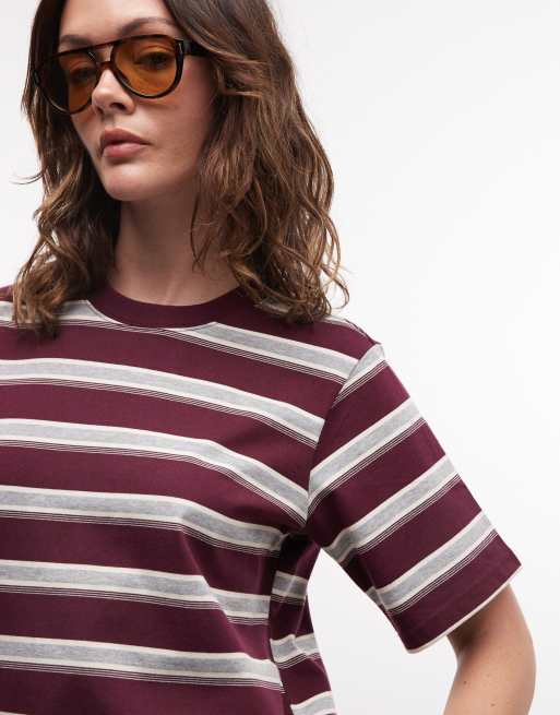 Noisy May – Kastiges Oversize-T-Shirt in Burgunderrot und Creme gestreift, 2 von 4