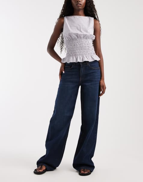 Noisy May Kenzie mid rise wide leg jeans in dark blue denim - view 1