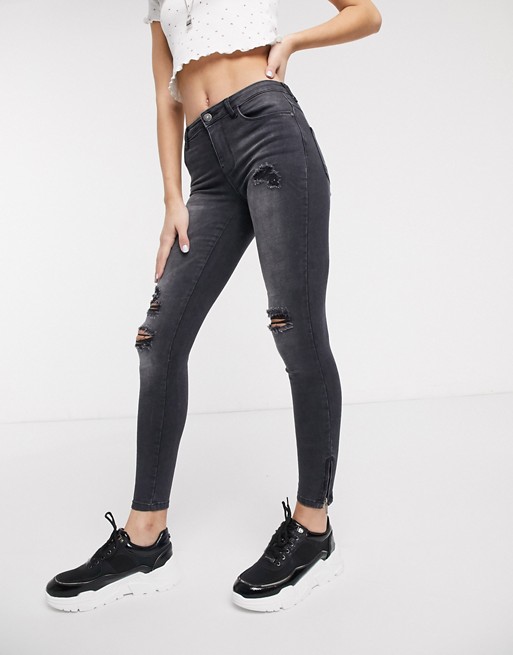 Noisy May Kimmy high waisted ripped ankle zip jeans in grey