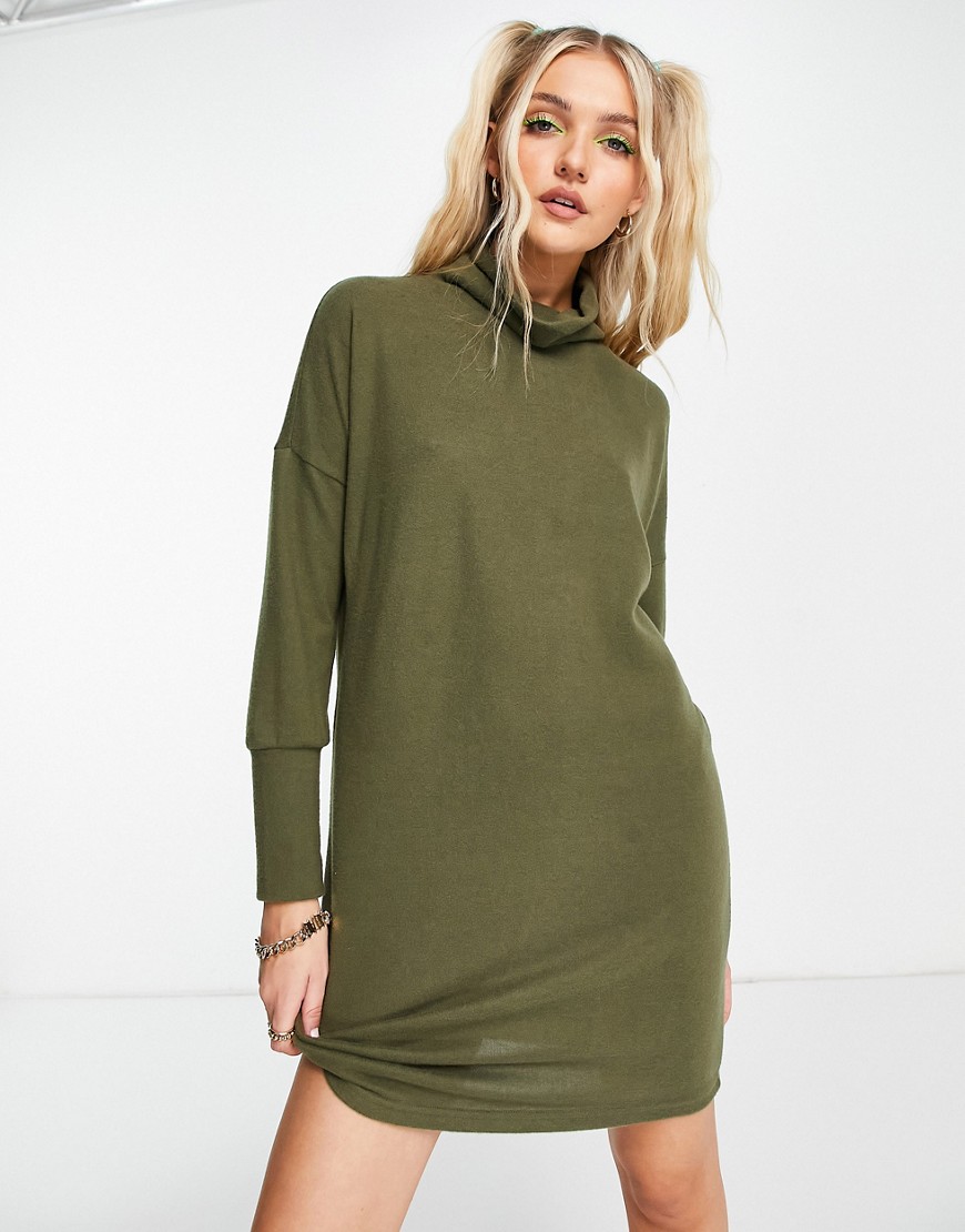 Noisy May knit mini roll neck sweater dress in khaki-Green