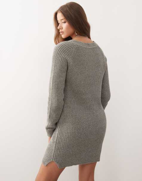 cute cheap sweater dresses Plus Size Dress for Women Women'S Neck Ribbed Long Sleeve Bodycon Pullover  Cute Mini Sweater Dress Pink,XL