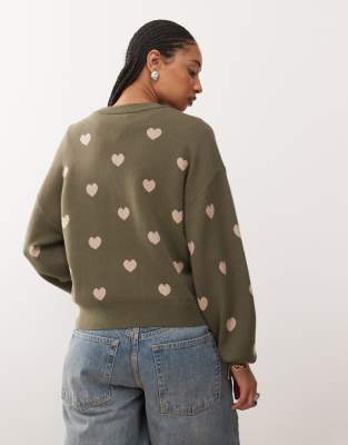 Noisy May Knit Sweater With Heart Print In Green