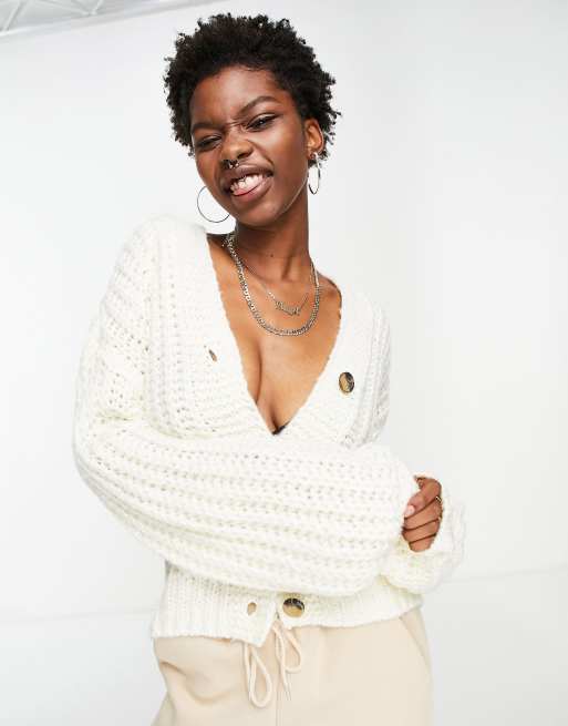 Noisy May knitted button up cardigan in cream ASOS