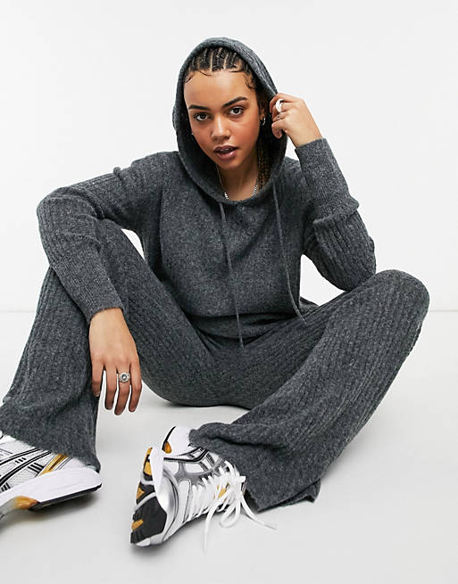 Noisy May knitted hoodie co-ord in dark grey