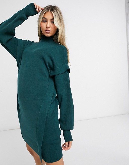 Noisy May knitted jumper dress with roll neck in dark green