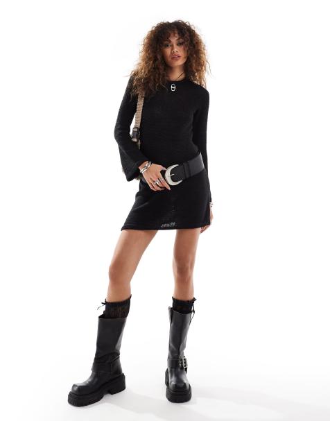 Noisy May knitted mini dress with tie back in black - view 1