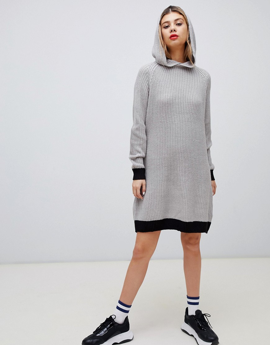 Noisy May knitted mini hoodie dress in grey with 'slay' slogan back.