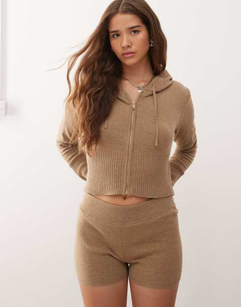 Noisy May knitted zip cardigan co ord with hood in light brown - view 1