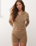 [Noisy May] Noisy May knitted zip cardigan with hood in light brown (part of a set) M Toasted coconut