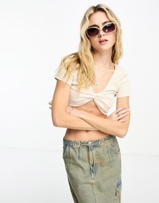 Noisy May knot front crop top in cream