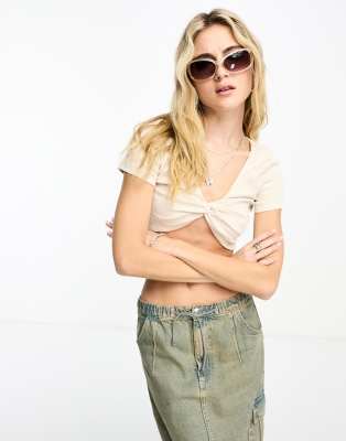 Noisy May Knot Front Crop Top In Cream-white