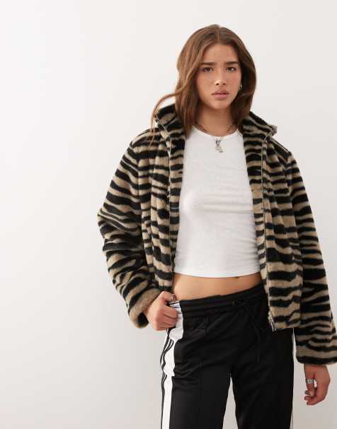 Noisy May funnel neck faux fur jacket in grey zebra