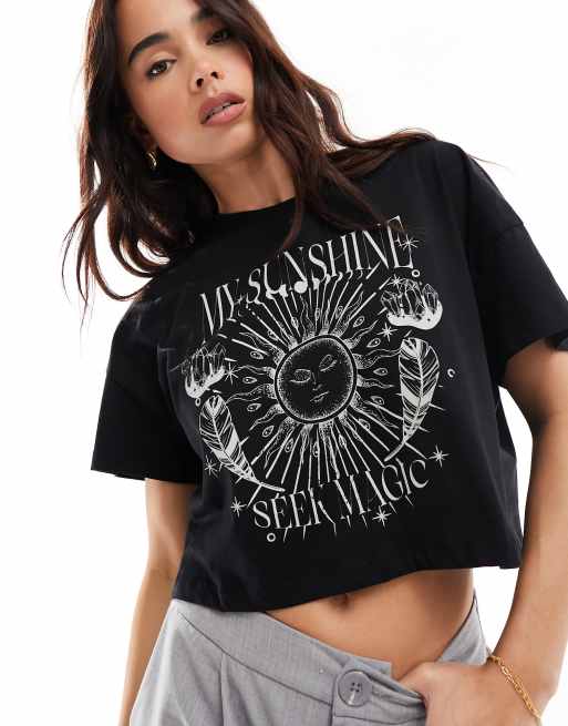 Noisy May – Kurz geschnittenes Oversize-T-Shirt in Schwarz mit Sonnen-Print, 3 von 4