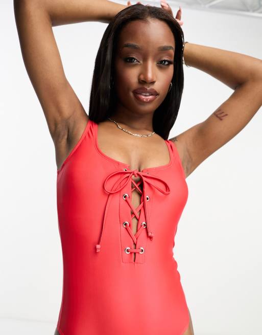 Red lace up store one piece swimsuit