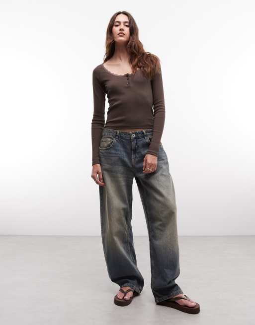 Noisy May Langarm-Henley-T-Shirt mit Spitzenbesatz in Schokobraun, 2 von 4