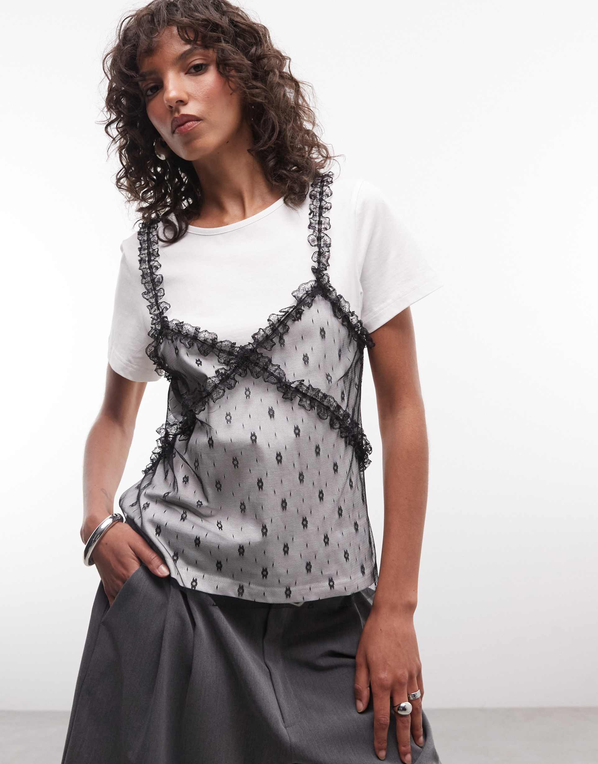 noisy may layered t-shirt with lace detailing in white