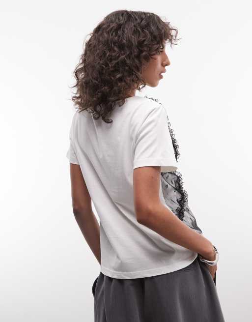 Noisy May layered t-shirt with lace detailing in white, 2 of 4