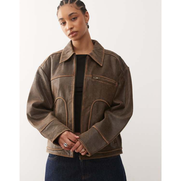 Noisy May leather jacket in washed brown | ASOS