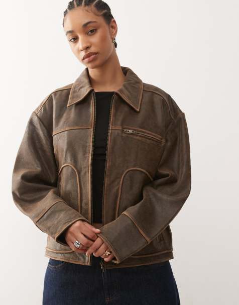 Noisy May leather jacket in washed brown