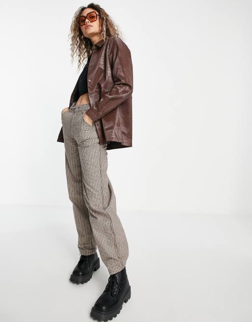 Noisy May leather look croc shacket in chocolate brown