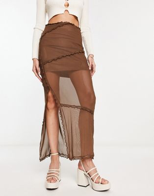 Noisy May Lettuce Edge Detail Mesh Maxi Skirt In Brown