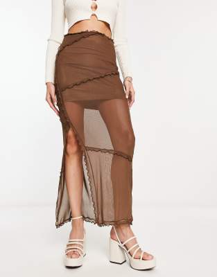 Noisy May Lettuce Edge Detail Mesh Maxi Skirt In Brown