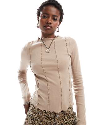 lettuce edge long sleeve top with seam detail in beige-Neutral