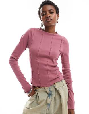 Noisy May lettuce edge long sleeve top with seam detail in dusty rose - view 1