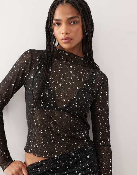 Noisy May lettuce edge mesh top co-ord in black with silver stars print  - view 1