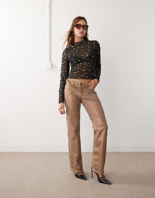 Noisy May lettuce edge mesh top with moon print in black