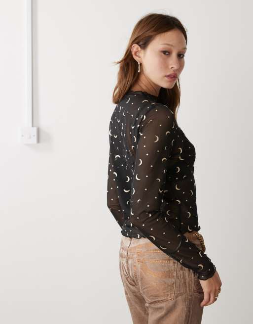 Noisy May lettuce edge mesh top with moon print in black