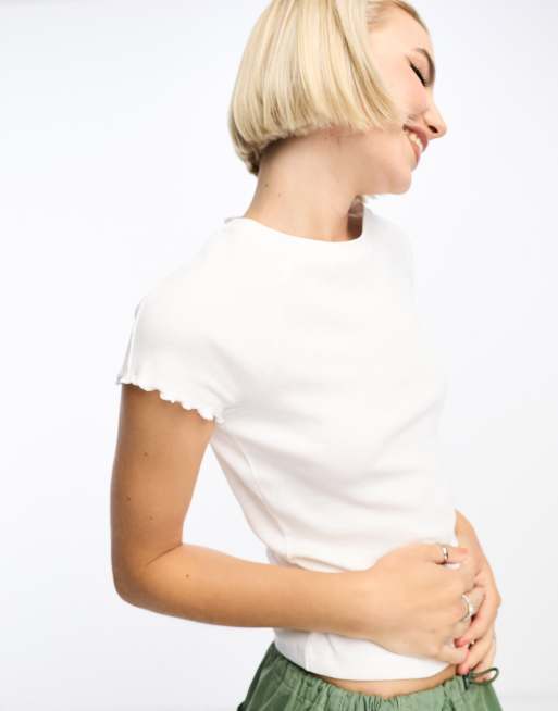 Noisy May lettuce edge rib T-shirt in white