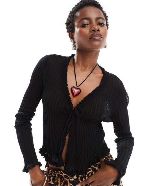 Noisy May lettuce edge sheer tie front cardigan in black - view 1