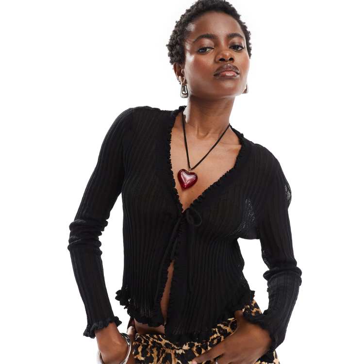 Noisy May lettuce edge sheer tie front cardigan in black | ASOS