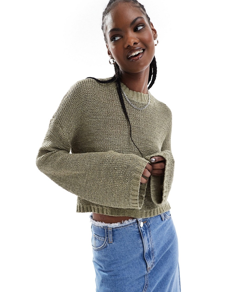 Noisy May Lightweight Knit Crew Neck Sweater In Olive-green