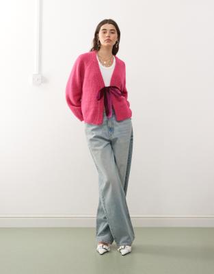 Noisy May Lightweight Reversible Bow Detail Knit Cardigan In Pink