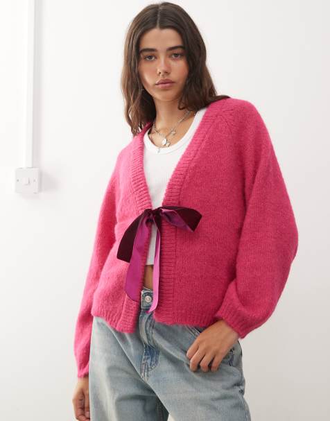Noisy May lightweight reversible bow detail knit in pink