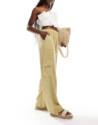 linen mix loose cargo pants in yellow stripe