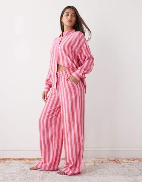 Noisy May linen mix pants in pink & red stripes - part of a set - view 1