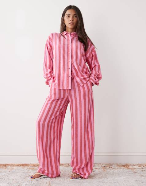 Noisy May linen mix shirt and pants set in pink and red stripes - view 1