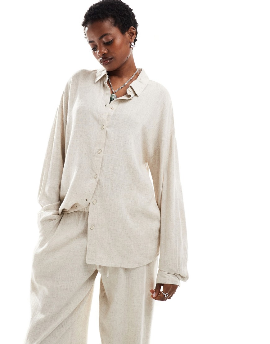 Noisy May linen mix shirt co-ord in oatmeal-Brown