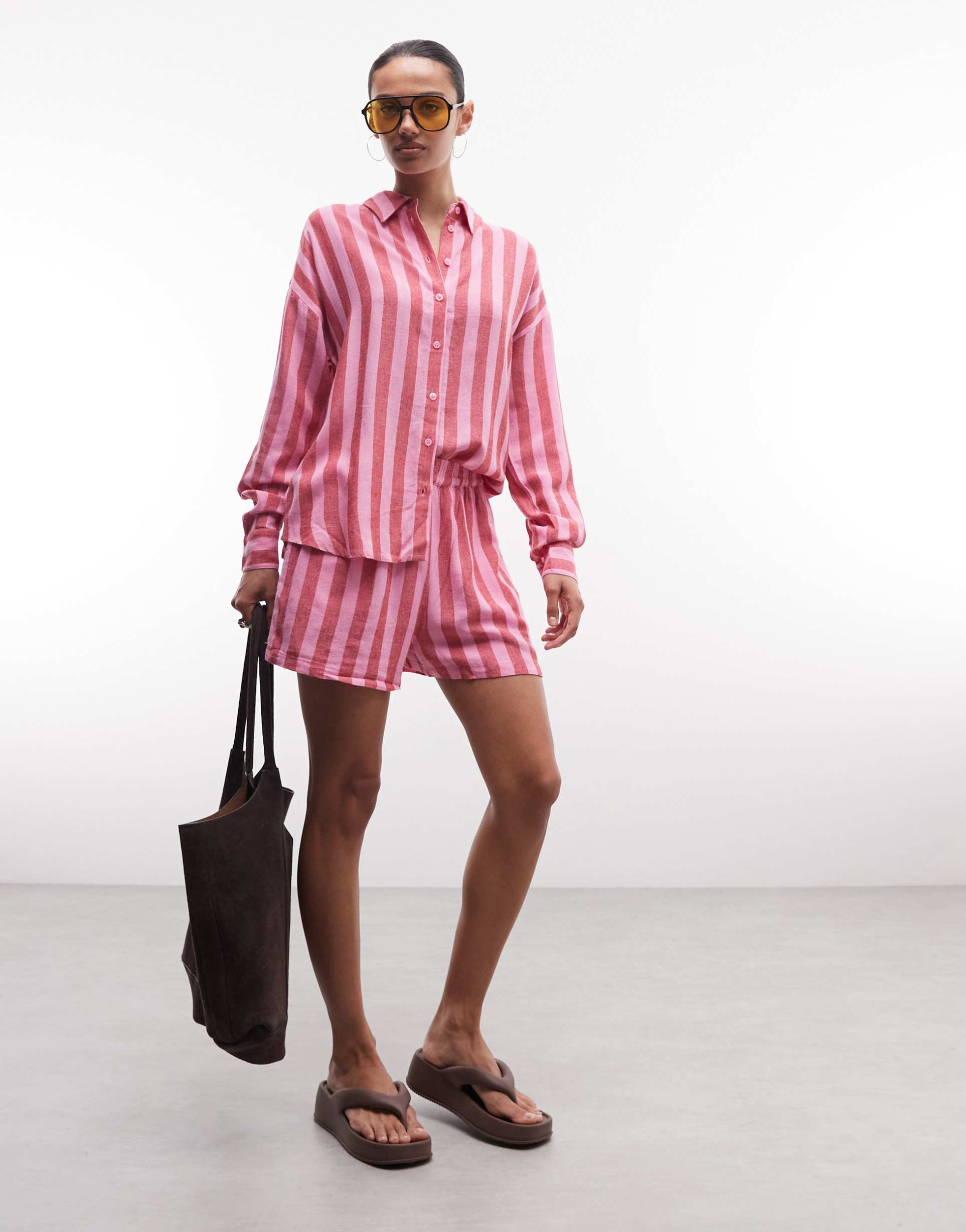 noisy may linen mix shirt in pink & red stripes - part of a set
