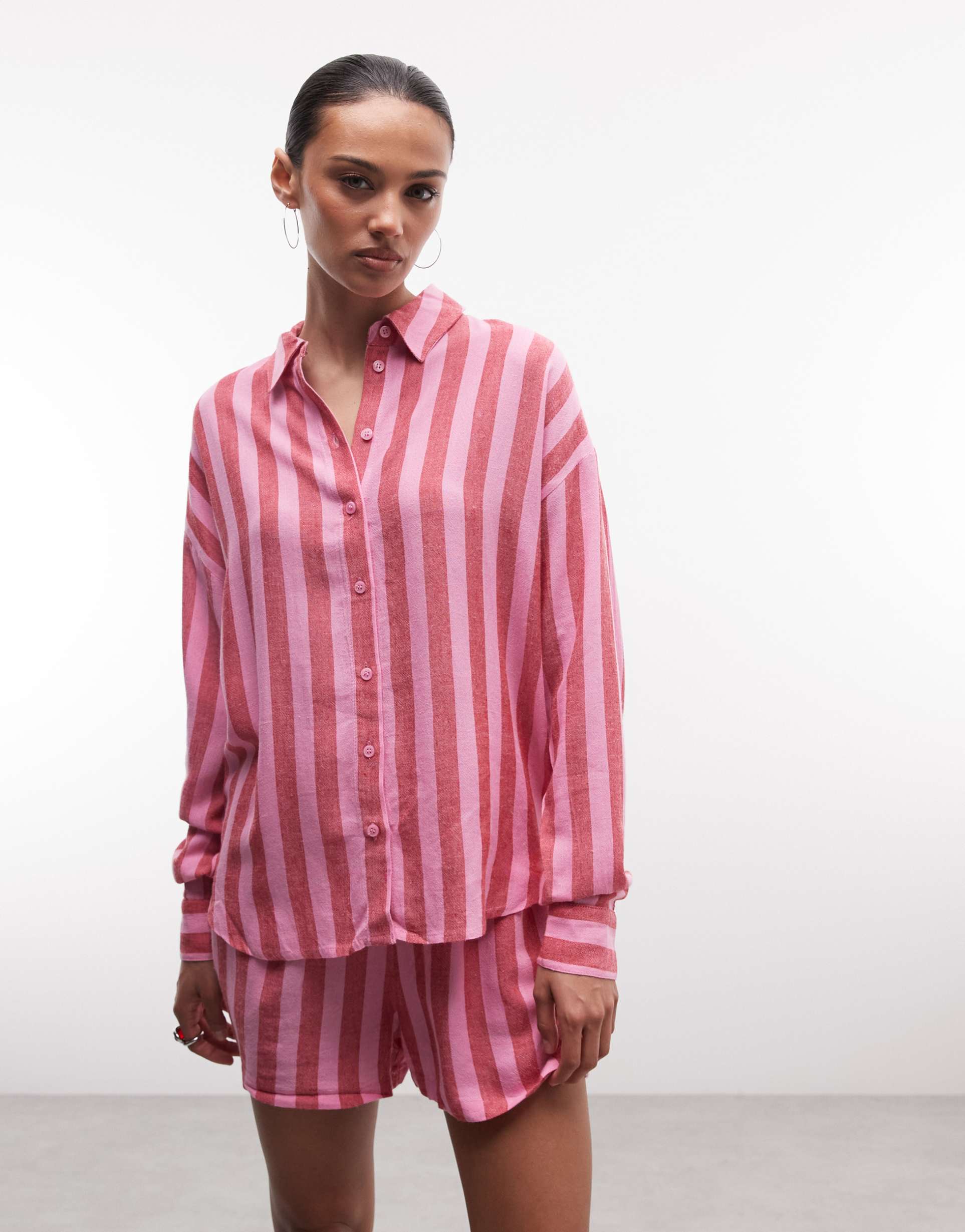 noisy may linen mix shorts in pink & red stripe - part of a set