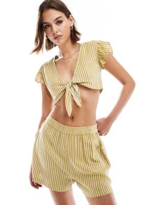 linen mix tie front top in yellow stripe - part of a set